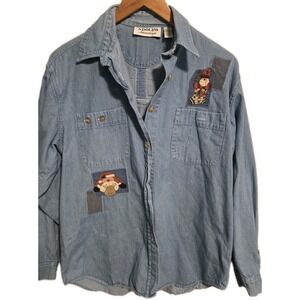 Adolfo International Denim Shirt Women M Santa Reindeer‎ Patchwork Vtg 90s Xmas